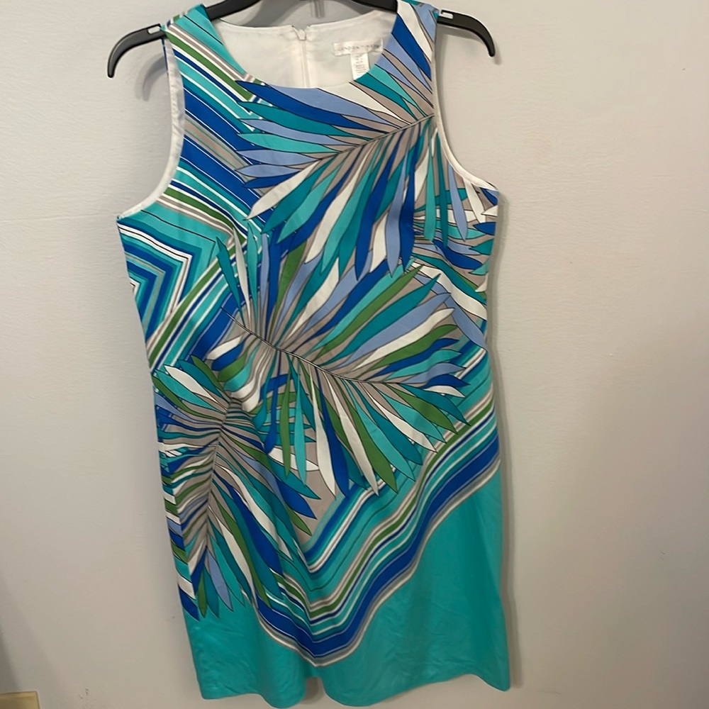 London Times CottonBlend Dress, Lined Bodice, Leaf Print/Blues & Turquoise, S10